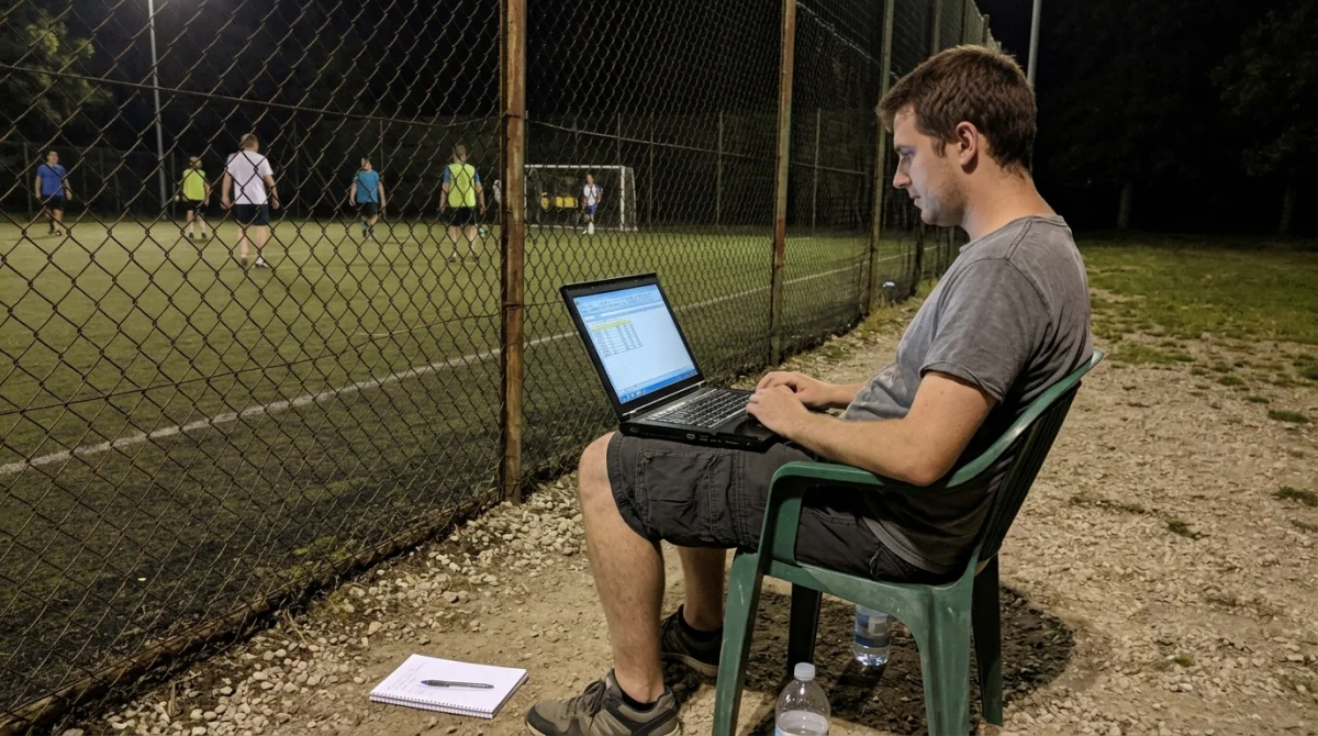 One organiser alone with a laptop and a spreadsheet beside the pitch